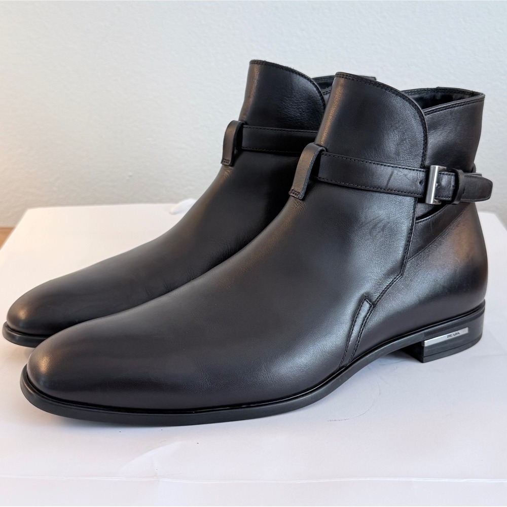 Prada Mens Black Leather Jodhpur Ankle Boots Buckle Strap Made in Italy US 7